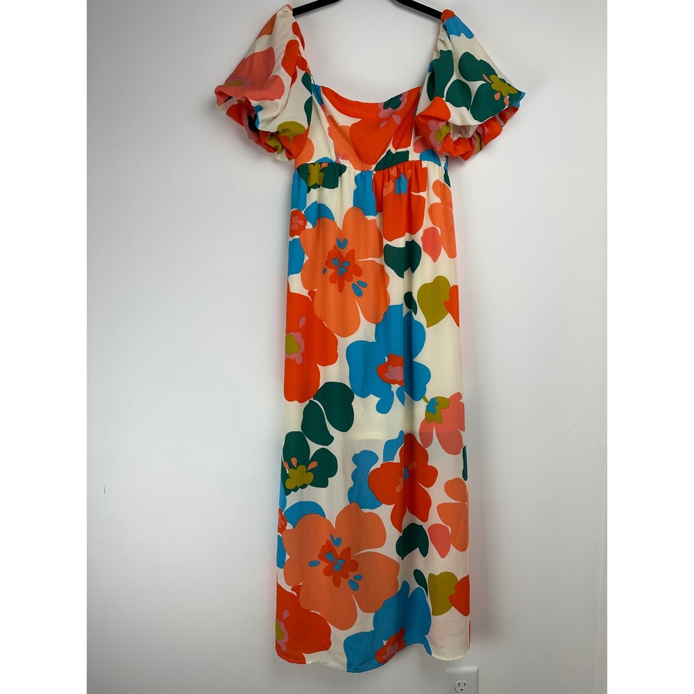 GeeGee Floral Maxi Dress Retro 70s Puff Sleeve Smocked Back Square Neck Medium